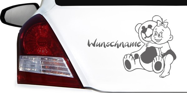 Namensaufkleber für das Auto mit Mädchen und Teddybär
