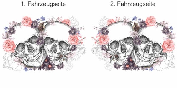 Preview: Autotattoo Zwei Totenköpfe mit Blumen | Set für beide Fahrzeugseiten Preview: Autotattoo Zwei Totenköpfe mit Blumen | Set für beide Fahrzeugseiten