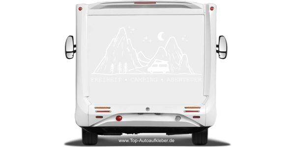 Preview: Reiseaufkleber Freiheit Camping Abenteuer Preview: Reiseaufkleber Freiheit Camping Abenteuer auf hellem Heck - Ansicht Farbauswahl