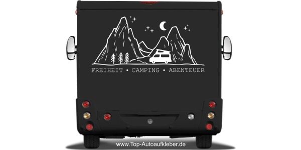 Preview: Reiseaufkleber Freiheit Camping Abenteuer Preview: Reiseaufkleber Freiheit Camping Abenteuer auf dunklem Heck - Ansicht Farbauswahl