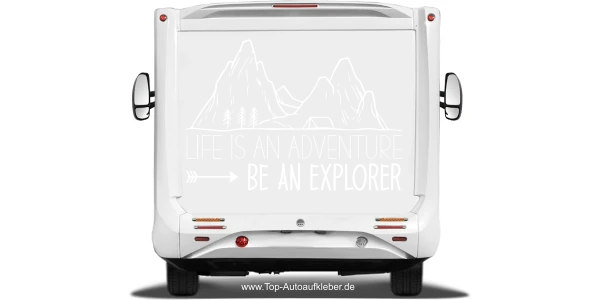 Reisemobilaufkleber Be an Explorer auf hellem Heck - Ansicht Farbauswahl