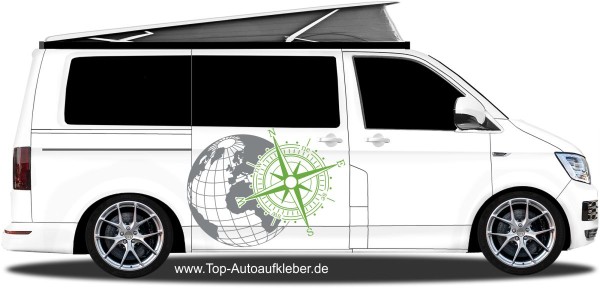 Preview: Seitenaufkleber Windrose mit Weltkugel | Set für beide Fahrzeugseiten