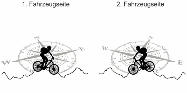 Preview: Seitendekor Kompass und Mountainbike | Set für beide Fahrzeugseiten