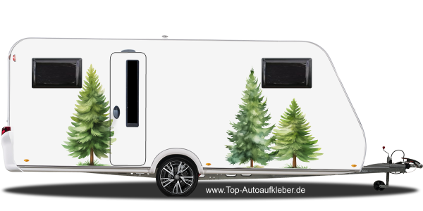 Preview: Seitenaufkleber Set Tannen auf Wohnwagen