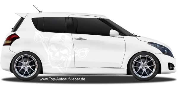 Seitenaufkleber Totenkopf mit gekreuzten Schwertern auf pkw - Ansicht Farbauswahl