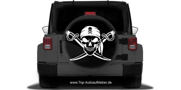 Seitenaufkleber Totenkopf mit gekreuzten Schwertern auf Radabdeckung von Jeep - Ansicht Farbauswahl