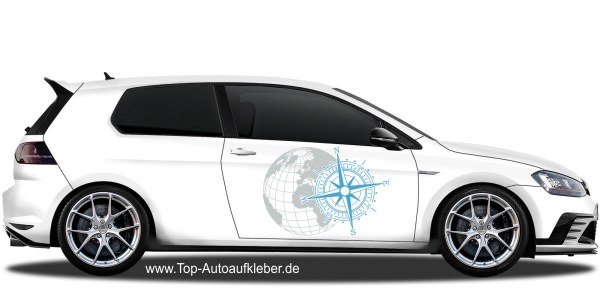 Preview: Seitenaufkleber Windrose mit Weltkugel | Set für beide Fahrzeugseiten