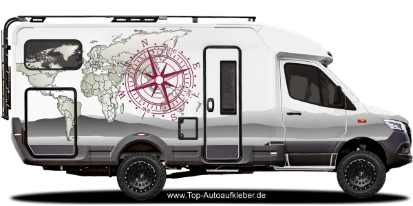 Weltkarte mit Kompass Camper Aufkleber | Set für beide Fahrzeugseiten