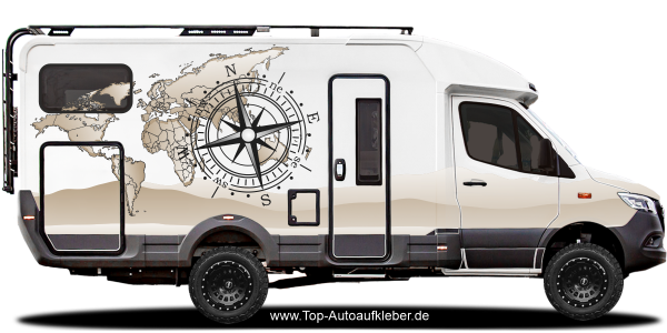 Weltkarte mit Kompass Camper Aufkleber | Set für beide Fahrzeugseiten