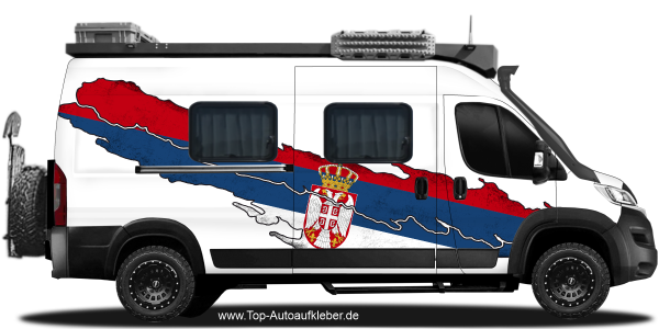 Preview: Wohnmobil Aufkleber Fahne Serbien | Set für beide Fahrzeugseiten Preview: Wohnmobil Aufkleber Fahne Serbien auf Fahrzeugseite von Kastenwagen