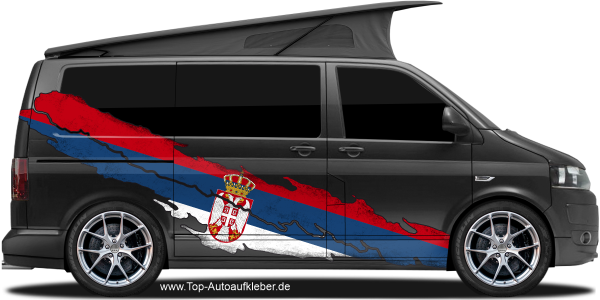 Preview: Wohnmobil Aufkleber Fahne Serbien | Set für beide Fahrzeugseiten Preview: Wohnmobil Aufkleber Fahne Serbien auf Fahrzeugseite von dunklem Camper Van