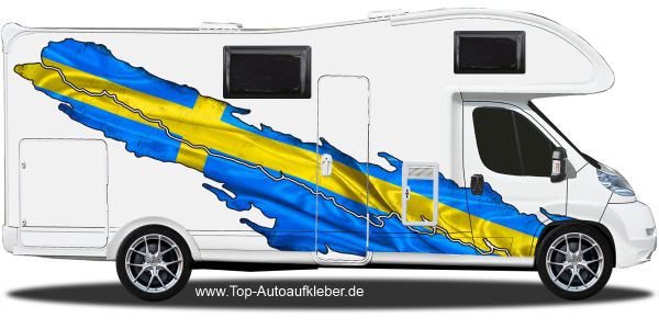 Wohnmobil Aufkleber Flagge Schwedens auf Fahrzeugseite von Wohnmobil