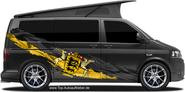 Preview: Wohnmobil Aufkleber Flagge von Baden-Württemberg | Set für beide Fahrzeugseiten Preview: Die Flagge Baden-Württembergs zum Aufkleben auf Fahrzeugseite von dunklem Camper Van