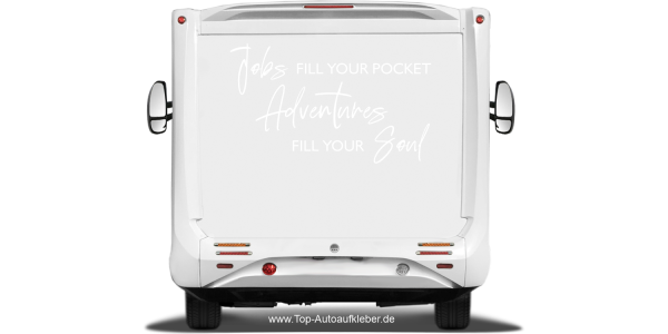 Wohnmobil Dekor Adventures fill your soul auf Heck eines hellen Wohnmobils - Ansicht Farbauswahl