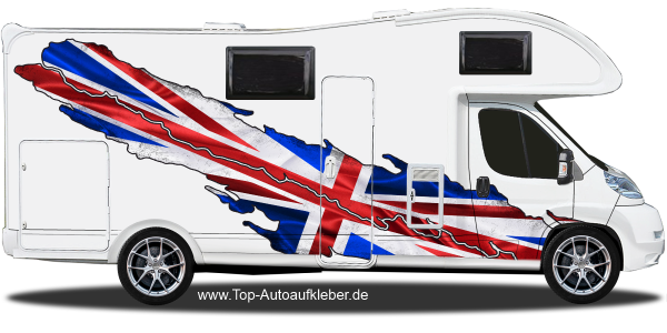 Die Flagge von England als Aufkleber auf Fahrzeugseite von Wohnmobil