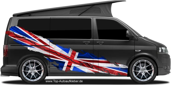 Die Flagge von England als Aufkleber auf Fahrzeugseite von dunklem Camper Van