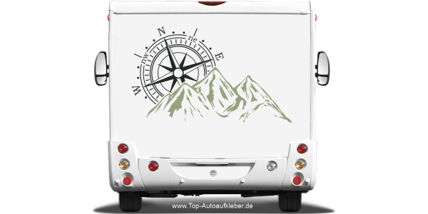 Aufkleber für Wohnmobil und Wohnwagen mit Kompass und Bergen - auf Camper