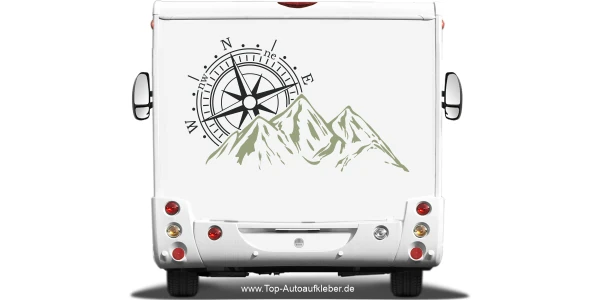 Aufkleber für Wohnmobil und Wohnwagen mit Kompass und Bergen - auf Camper