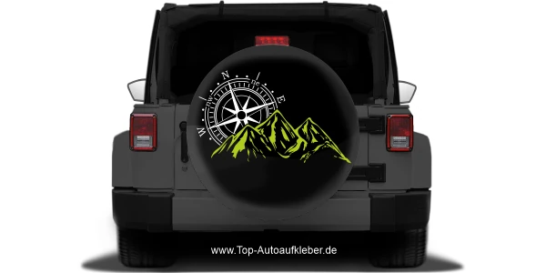 Aufkleber für Wohnmobil und Wohnwagen mit Kompass und Bergen -  auf schwarzem Jeep