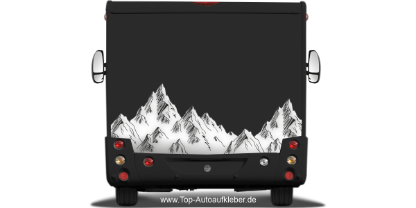 Preview: Wohnmobilaufkleber Bergformation auf dunklem WoMo-Heck - Ansicht Farbauswah