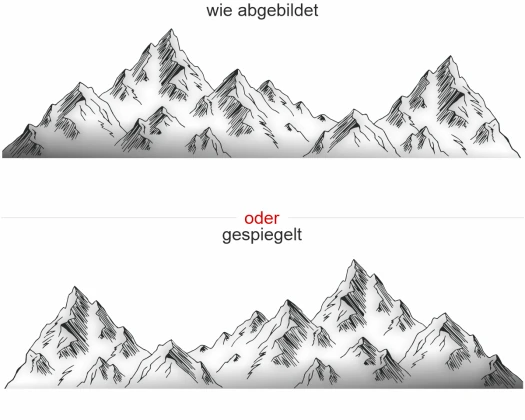 Wohnmobilaufkleber Bergformation auf hellem WoMo-Heck - Ansicht Ausrichtung und Farbauswahl