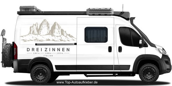 Preview: Wohnmobilaufkleber Drei Zinnen auf hellem Campervan