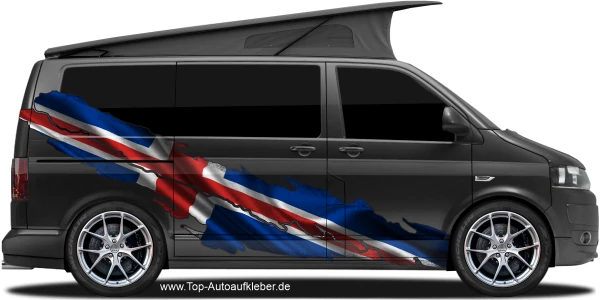 Wohnmobilaufkleber Flagge Island auf Fahrzeugseite von dunklem Camper Van