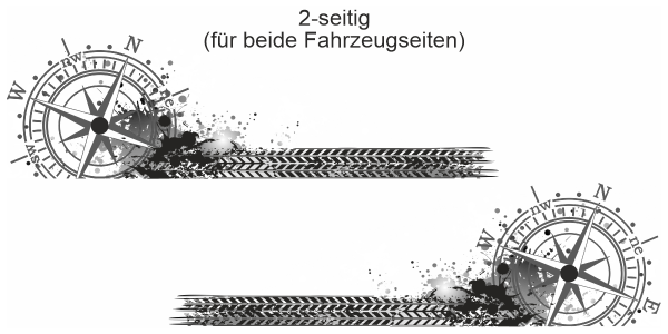 Preview: Wohnmobilaufkleber Kompass Farbflecken Reifenspur | Set für beide Fahrzeugseiten Preview: Wohnmobilaufkleber Kompass Farbflecken Reifenspur | Set für beide Fahrzeugseiten