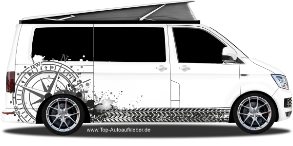 Preview: Wohnmobilaufkleber Kompass Farbflecken Reifenspur | Set für beide Fahrzeugseiten Preview: Wohnmobilaufkleber Kompass Farbflecken Reifenspur | Set für beide Fahrzeugseiten
