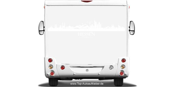 Preview: Wohnmobilaufkleber Skyline Hessen auf hellem Wohnmobil - Ansicht Farbauswahl