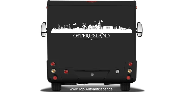 Wohnmobilaufkleber Skyline Ostfriesland auf dunklem Wohnmobil - Ansicht Farbauswahl