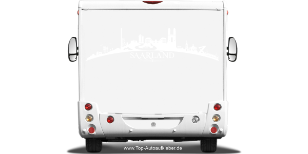 Preview: Wohnmobilaufkleber Skyline Saarland auf hellem Wohnmobil - Ansicht Farbauswahl