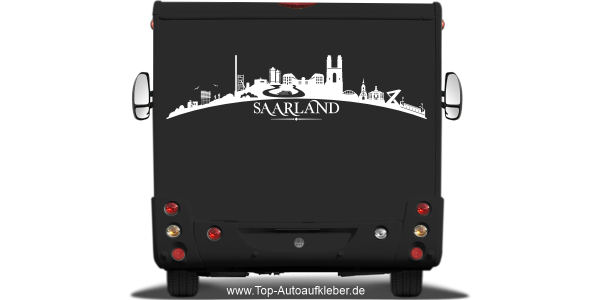 Preview: Wohnmobilaufkleber Skyline Saarland auf dunklem Wohnmobil - Ansicht Farbauswahl