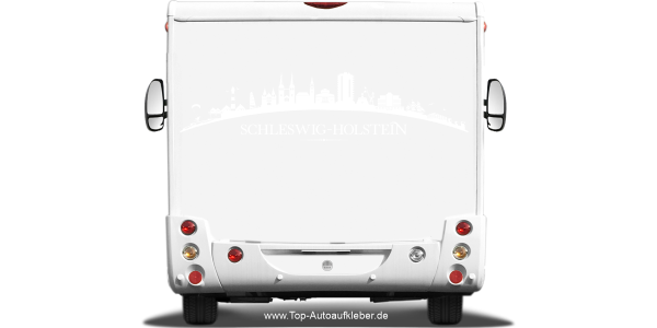Preview: Wohnmobilaufkleber Skyline Schleswig-Holstein auf hellem Wohnmobil - Ansicht Farbauswahl
