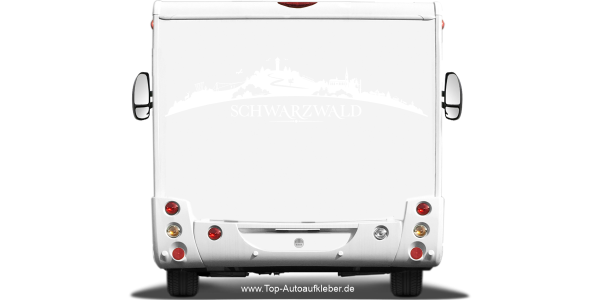 Preview: Wohnmobilaufkleber Skyline Schwarzwald auf hellem Wohnmobil - Ansicht Farbauswahl