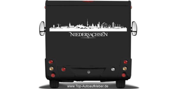 Preview: Wohnmobilaufkleber Skyline von Niedersachsen auf dunklem Wohnmobil - Ansicht Farbauswahl