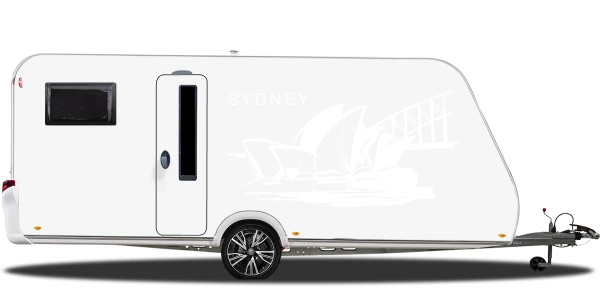 Wohnmobilaufkleber Sydney auf hellem Wohnwagen - Ansicht Farbauswahl