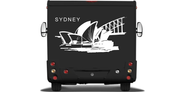 Wohnmobilaufkleber Sydney auf Heck von Wohnmobil oder Wohnwagen - Ansicht Farbauswahl