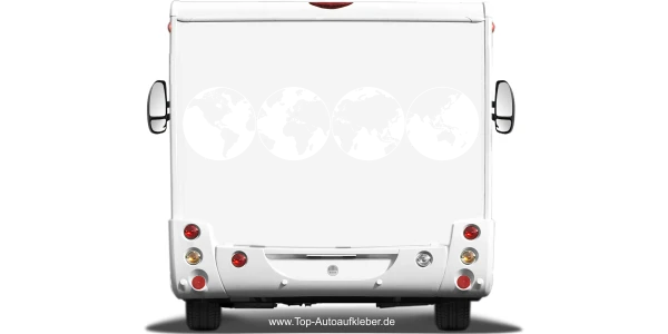 Wohnmobilaufkleber Weltkarte auf Heck von Wohnmobil oder Wohnwagen - Ansicht Farbauswahl