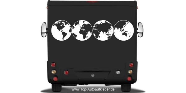 Wohnmobilaufkleber Weltkarte auf Heck von Wohnmobil oder Wohnwagen - Ansicht Farbauswahl