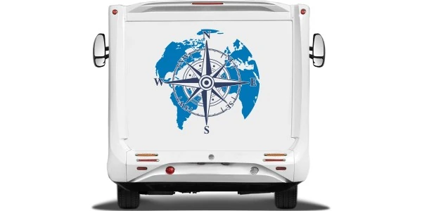 Kompass und Weltkarte als bunter Aufkleber für Wohnwagen
