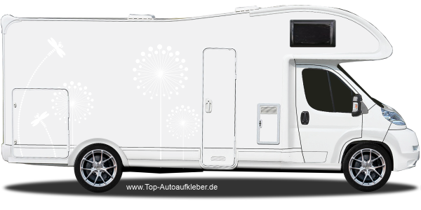 Preview: Wohnmobilaufkleber Pusteblumen mit Libellen | Set für beide Fahrzeugseiten Preview: Wohnwagen Aufkleber Pusteblumen und Libellen auf Wohnmobil - Ansicht Farbauswahl