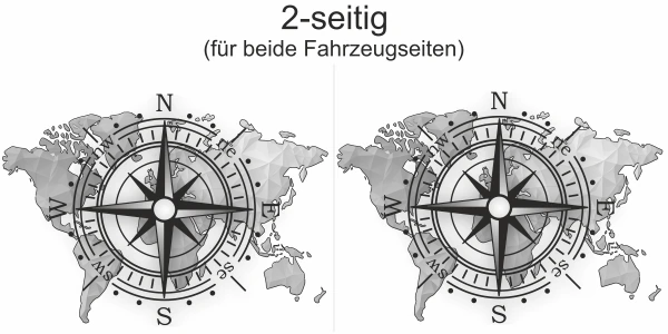 Wohnmobildekor Weltkarte mit Windrose - Ansicht zweiseitig für beide Fahrzeugseiten und Farbauswahl