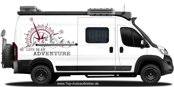 Wohnmobil Folierung mit Bergen, Kompass, Vögel und Schriftzug Life is an adventure
