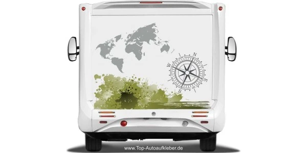Dekor für Wohnmobil mit Weltkarte, Kompass und Farbkleckse