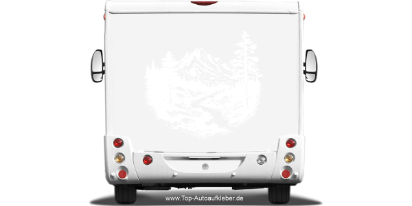 Wohnwagenaufkleber Gletscherbach in der Bergwelt auf hellem Heck - Ansicht Farbauswahl
