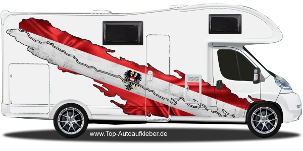 Wohnmobilaufkleber Österreich auf Fahrzeugseite von Wohnmobil