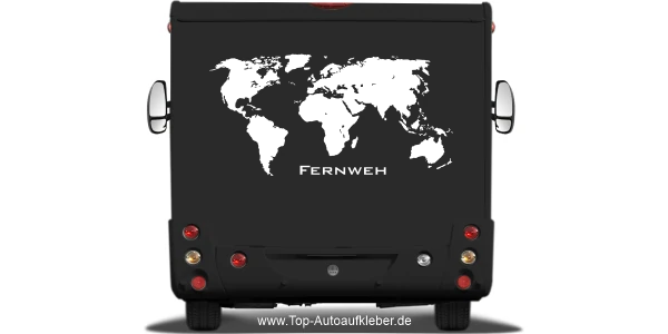 ebefolie für Wohnmobil mit Text Fernweh und Weltkarte auf dunklem Camper - Ansicht Farbauswahl