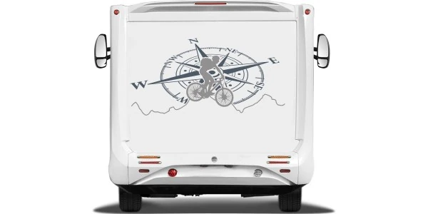 Wohnwagendekor Kompass und Mountainbike