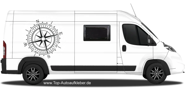 Wohnwagendesign Farbiger Kompass auf hellem Campervan - Ansicht Farbauswahl